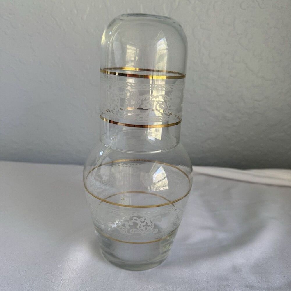 MCM Glass Night Carafe Glassware Gold Trim Hand Decorated 1960s Tumble Up Paloma